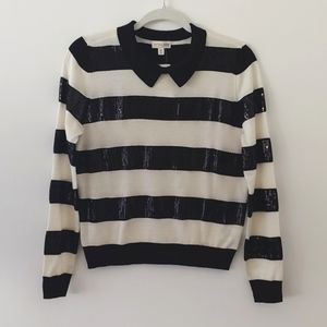 Maison Jules pullover sequined striped sweater with point collar size M
